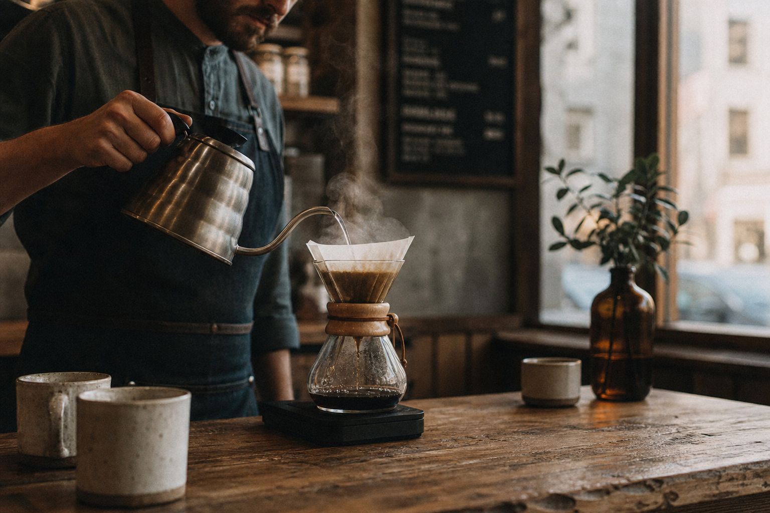A barista pouring hot water over a pour-over coffee on a wooden counter