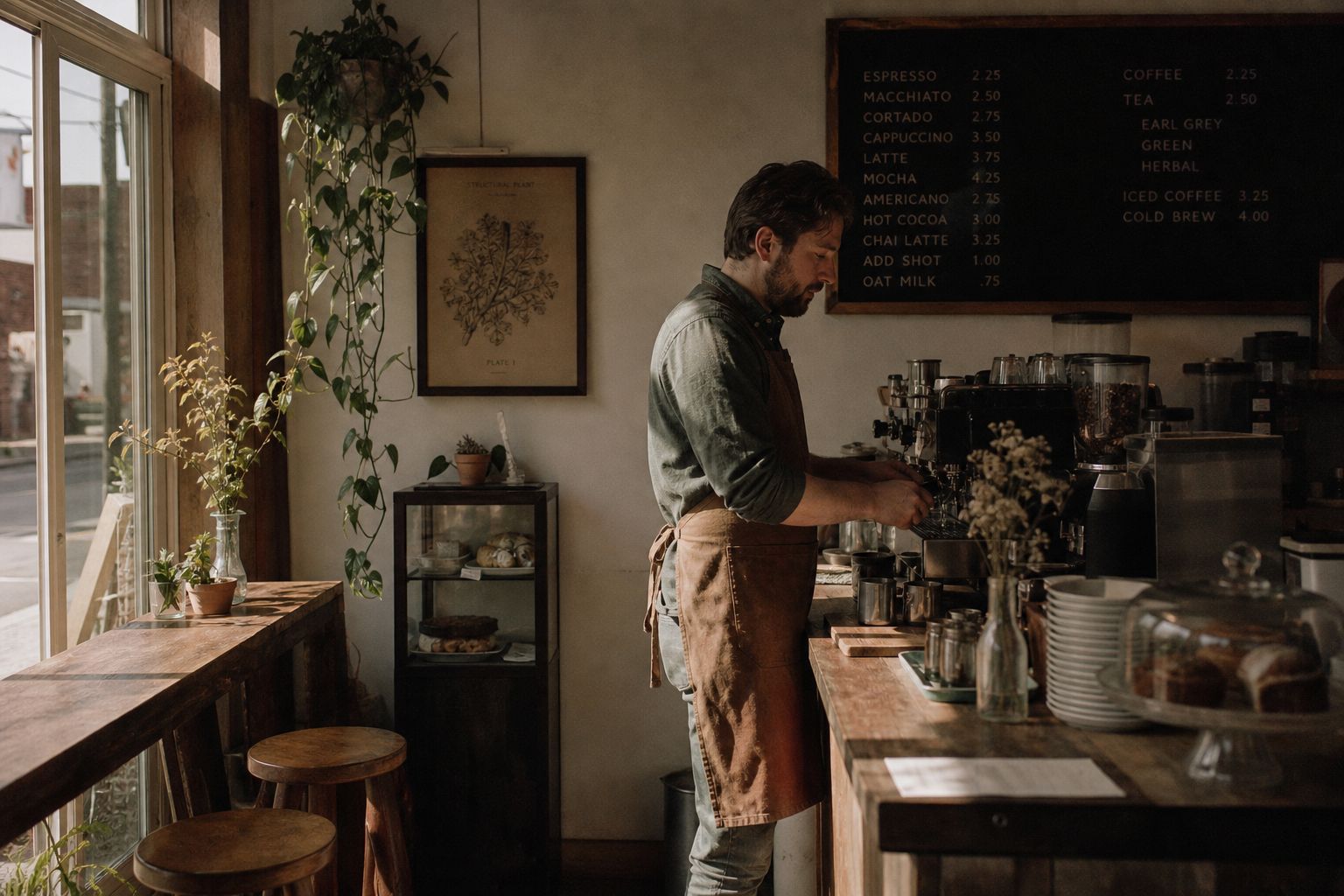 Inside the café: wooden stools at a window bar and a barista at the espresso machine